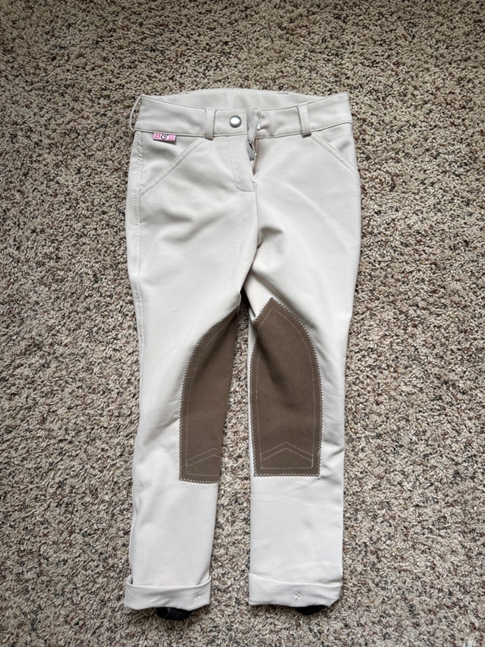 Kids Stretch Riding Breeches in Light Beige with Brown Knee Patches